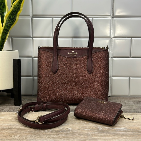 kate spade Handbags - Kate Spade burgundy glitter crossbody satchel with matching wallet